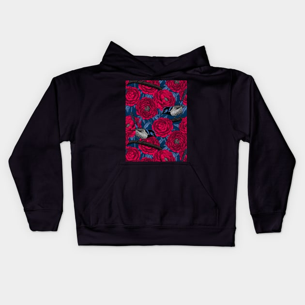 Wrens in the peonies Kids Hoodie by katerinamk